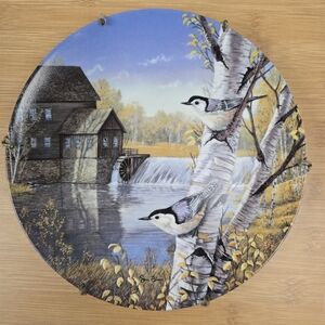 Scenic Wall Decor Vintage Plate with Birds and Mill